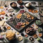 An assortment of colorful freeze dried treats including fruits, vegetable chips, and ice cream sandwiches on a rustic wooden table with fresh herbs.