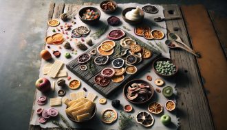 An assortment of colorful freeze dried treats including fruits, vegetable chips, and ice cream sandwiches on a rustic wooden table with fresh herbs.