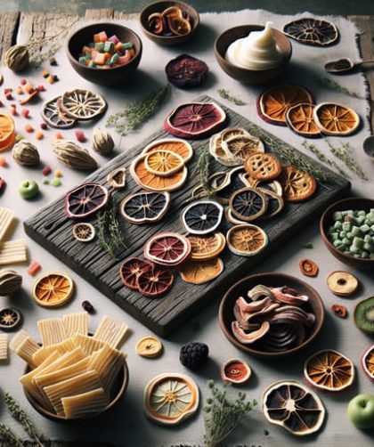 An assortment of colorful freeze dried treats including fruits, vegetable chips, and ice cream sandwiches on a rustic wooden table with fresh herbs.