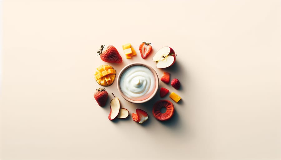 Close-up of freeze dried strawberries, mangoes, and apples with a creamy yogurt dip in the center.