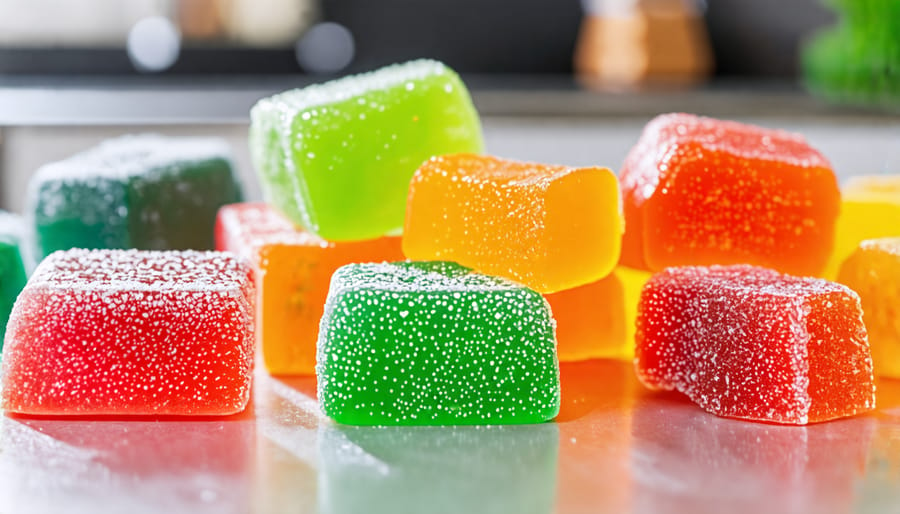 Colorful THC gummies arranged on a kitchen counter, ready for culinary use