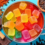 A variety of vibrant THC gummies gently melting over a saucepan, surrounded by ingredients like chocolate chunks, cookies, and spices, symbolizing the infusion of cannabis into culinary creations.