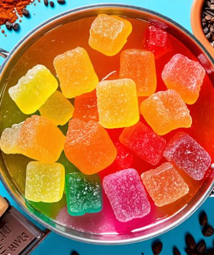 A variety of vibrant THC gummies gently melting over a saucepan, surrounded by ingredients like chocolate chunks, cookies, and spices, symbolizing the infusion of cannabis into culinary creations.