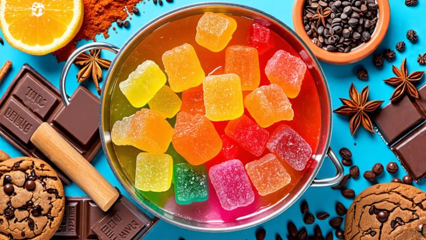 A variety of vibrant THC gummies gently melting over a saucepan, surrounded by ingredients like chocolate chunks, cookies, and spices, symbolizing the infusion of cannabis into culinary creations.