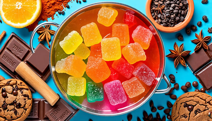 A variety of vibrant THC gummies gently melting over a saucepan, surrounded by ingredients like chocolate chunks, cookies, and spices, symbolizing the infusion of cannabis into culinary creations.