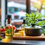 Kitchen counter displaying ingredients for THC-infused cooking, situated with a view of a Canadian cannabis dispensary in the background.