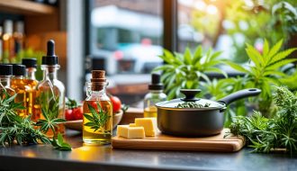 Kitchen counter displaying ingredients for THC-infused cooking, situated with a view of a Canadian cannabis dispensary in the background.