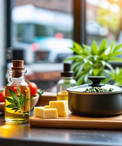 Kitchen counter displaying ingredients for THC-infused cooking, situated with a view of a Canadian cannabis dispensary in the background.