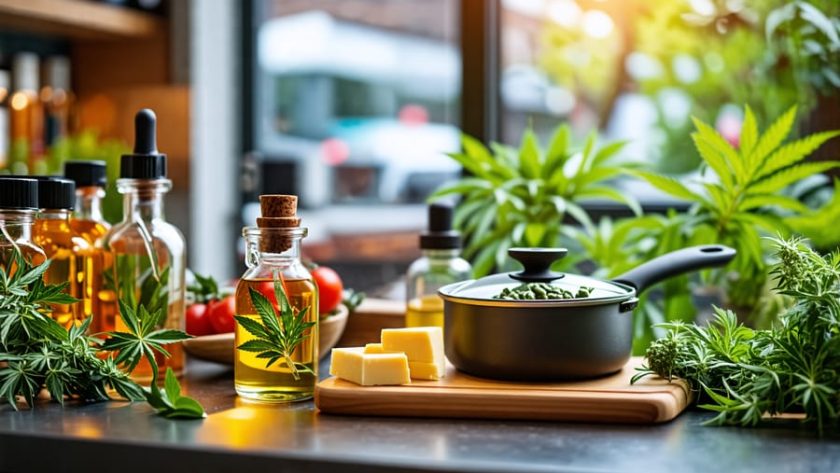 Kitchen counter displaying ingredients for THC-infused cooking, situated with a view of a Canadian cannabis dispensary in the background.