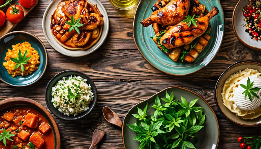 Different THC-infused dishes such as snacks, drinks, and desserts arranged on a table