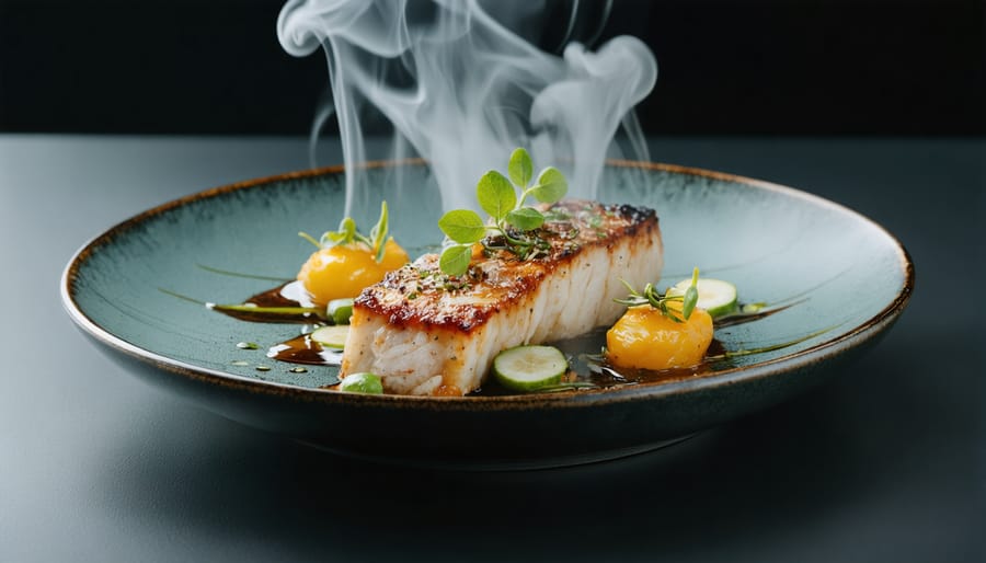 A beautifully plated savory dish enhanced with vapor-infused flavors, appealing to gourmet tastes.