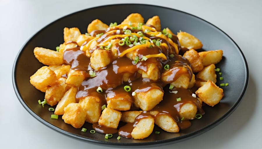 Homemade poutine dish topped with cheese curds and THCA-infused gravy