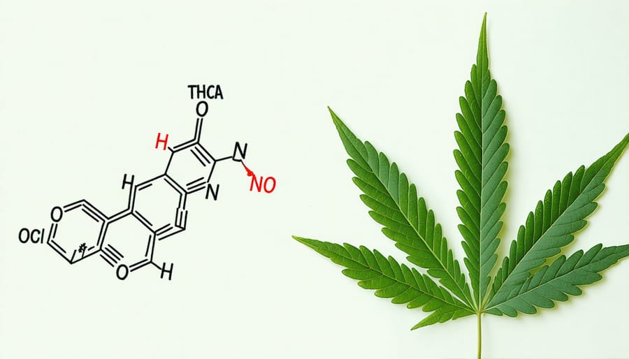 Illustrative concept showing the molecular structure of THCA alongside a cannabis leaf