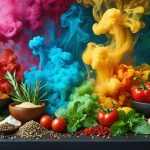 A creative depiction of various ingredients being infused with swirling clouds of aromatic vapor in a kitchen setting, highlighting the art of vapor-infusion in cooking.