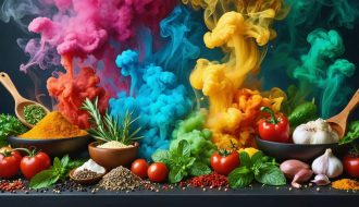 A creative depiction of various ingredients being infused with swirling clouds of aromatic vapor in a kitchen setting, highlighting the art of vapor-infusion in cooking.