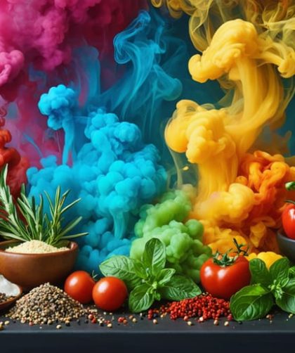 A creative depiction of various ingredients being infused with swirling clouds of aromatic vapor in a kitchen setting, highlighting the art of vapor-infusion in cooking.