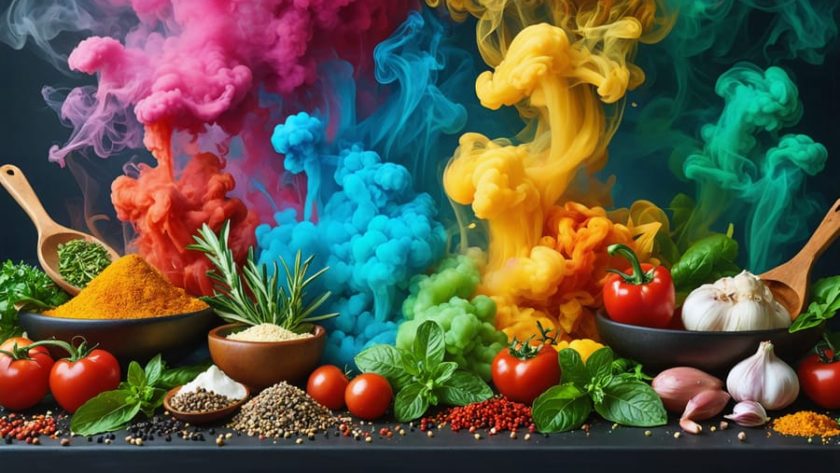 A creative depiction of various ingredients being infused with swirling clouds of aromatic vapor in a kitchen setting, highlighting the art of vapor-infusion in cooking.