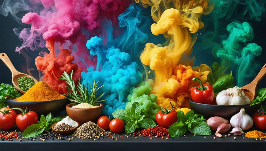 A creative depiction of various ingredients being infused with swirling clouds of aromatic vapor in a kitchen setting, highlighting the art of vapor-infusion in cooking.