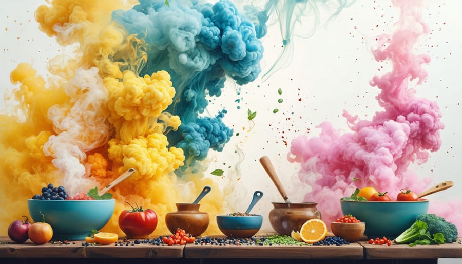 A visually striking depiction of ingredients being infused with vapor, creating a vibrant cloud of aromas and flavors.