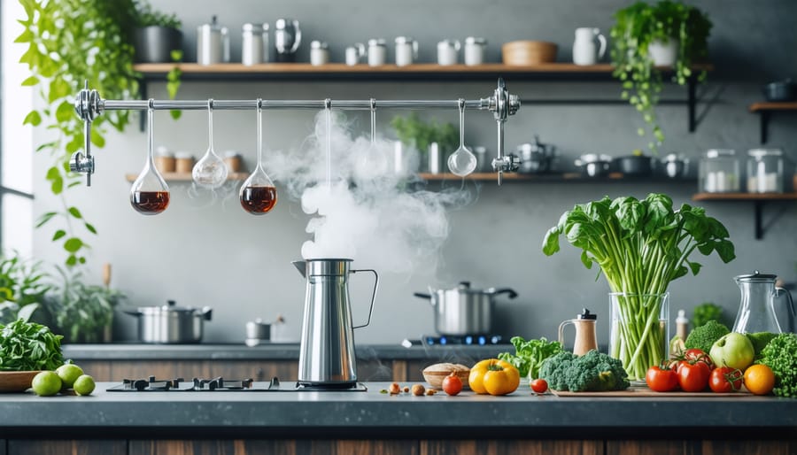 A contemporary kitchen counter with specialized vapor-infusion equipment arranged neatly, illustrating a setup for cooking.