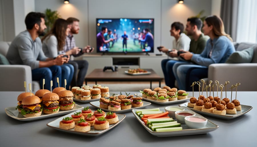 Overhead view of elegant casino party appetizers including beef wellington bites, shrimp cocktails, and bacon-wrapped dates on black table with poker chips