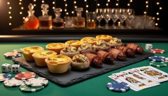 Elegant platter with mini quiches, stuffed mushrooms, and bacon-wrapped dates on black slate over green casino felt, accented by poker chips, dice, and face-down playing cards, with a blurred self-serve cocktail station and string lights behind.