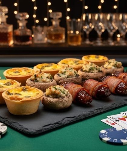 Elegant platter with mini quiches, stuffed mushrooms, and bacon-wrapped dates on black slate over green casino felt, accented by poker chips, dice, and face-down playing cards, with a blurred self-serve cocktail station and string lights behind.