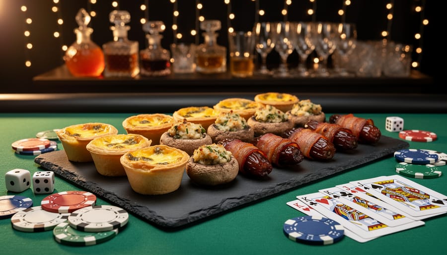 Elegant platter with mini quiches, stuffed mushrooms, and bacon-wrapped dates on black slate over green casino felt, accented by poker chips, dice, and face-down playing cards, with a blurred self-serve cocktail station and string lights behind.