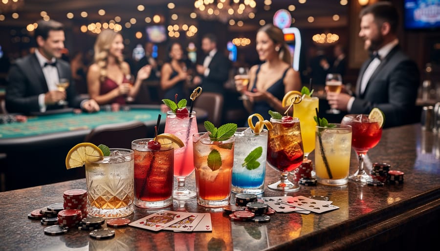 Three elegant casino-themed cocktails in various glasses on black bar surface with poker chips