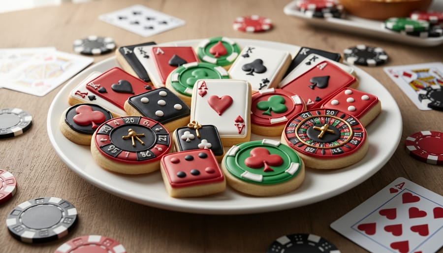 Tiered display of decorated sugar cookies shaped like playing card suits in red, black and white