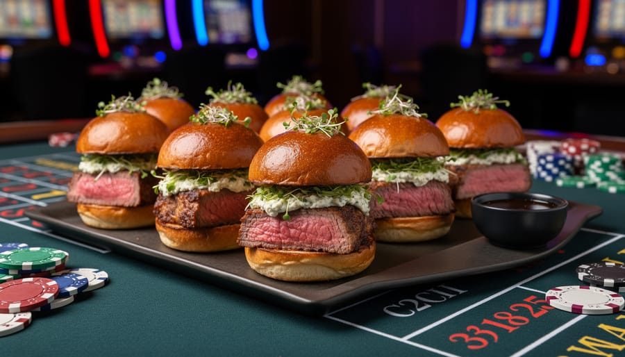 Close-up of prime rib slider with horseradish cream on wooden board