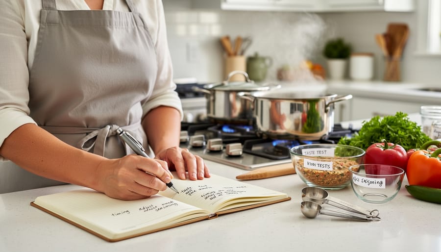 Hands writing notes in journal next to freshly baked bread on wooden board