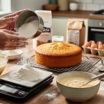 Hands weighing flour on a digital kitchen scale beside two bowls of batter and a finished cake on a cooling rack, with measuring tools and a home oven softly blurred in the background.