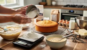 Hands weighing flour on a digital kitchen scale beside two bowls of batter and a finished cake on a cooling rack, with measuring tools and a home oven softly blurred in the background.