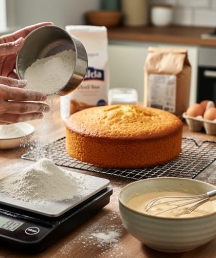 Hands weighing flour on a digital kitchen scale beside two bowls of batter and a finished cake on a cooling rack, with measuring tools and a home oven softly blurred in the background.
