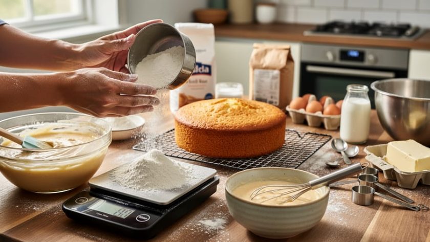 Hands weighing flour on a digital kitchen scale beside two bowls of batter and a finished cake on a cooling rack, with measuring tools and a home oven softly blurred in the background.