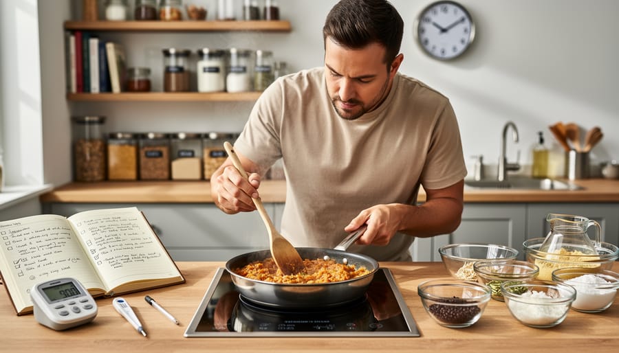 Overhead view of hands stirring tomato sauce in pot during recipe testing
