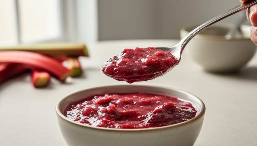 Bowl of rhubarb compote with spoon beside a small pot, ready to serve