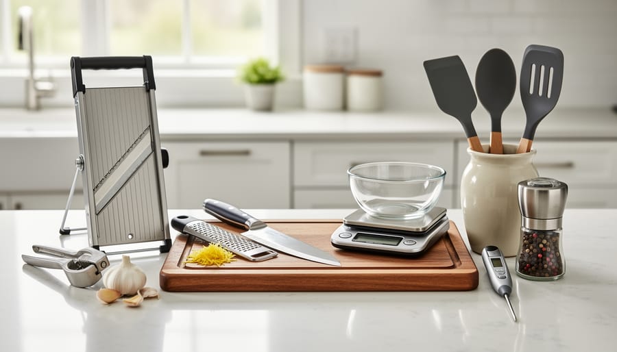 A Canadian home kitchen countertop displaying unique cooking tools including a spider strainer, bench scraper, mandoline, food mill, offset spatula, and splatter screen.