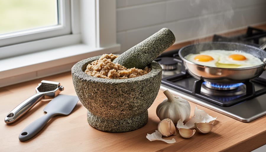 Close-up of a stone mortar with ground spices and nearby kitchen tools including a garlic peeler tube and a fish spatula.