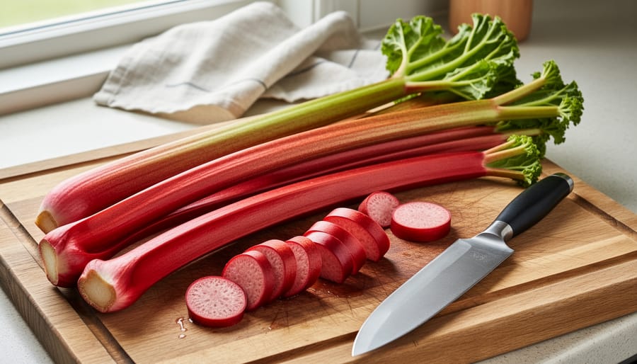 Freshly chopped rhubarb stalks on a wooden cutting board with red and green edges