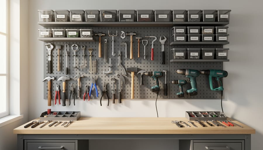 Organized kitchen wall hooks, drawers, and racks holding unique cooking tools like a spider strainer, fish spatula, and mandoline.