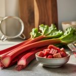 Close-up of ruby-red rhubarb stalks and chopped rhubarb on a rustic kitchen counter with a strawberry-rhubarb crisp baking dish nearby.