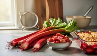 Close-up of ruby-red rhubarb stalks and chopped rhubarb on a rustic kitchen counter with a strawberry-rhubarb crisp baking dish nearby.