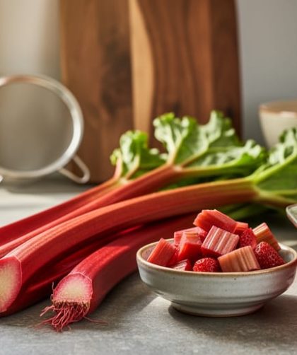 Close-up of ruby-red rhubarb stalks and chopped rhubarb on a rustic kitchen counter with a strawberry-rhubarb crisp baking dish nearby.