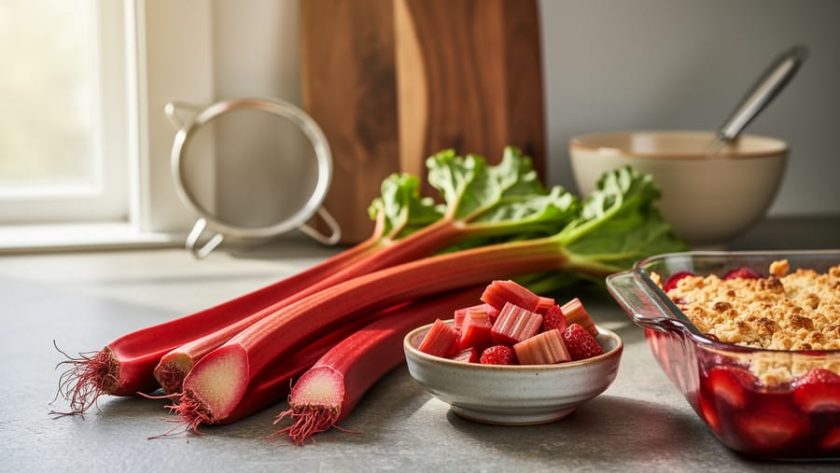 Close-up of ruby-red rhubarb stalks and chopped rhubarb on a rustic kitchen counter with a strawberry-rhubarb crisp baking dish nearby.