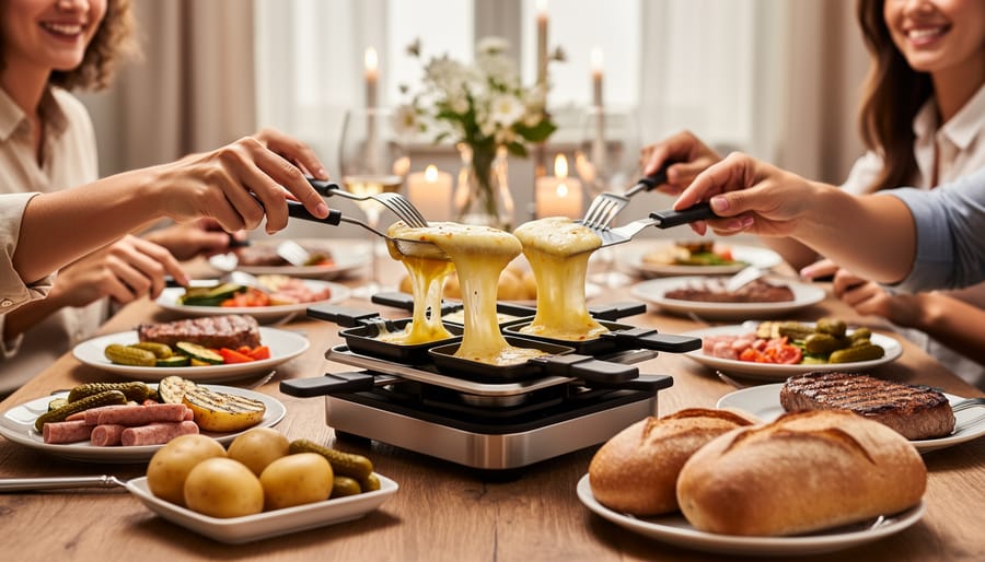 Raclette grill with small pans of melted cheese and grilled vegetables on a dining table.