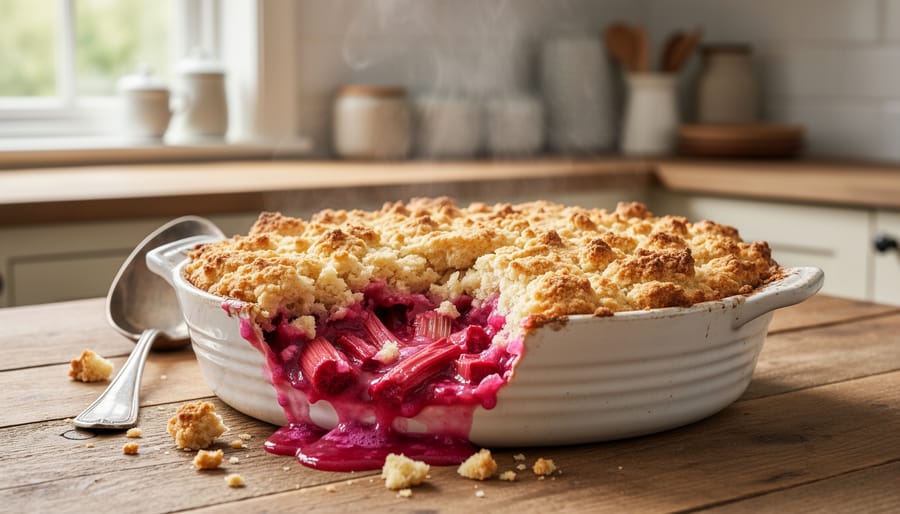 Baked rhubarb crumble in a ceramic dish with golden crumble topping and red rhubarb filling