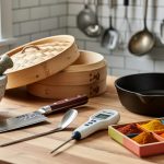 A modern kitchen countertop display of unique cooking equipment, including a mortar and pestle, fish spatula, knife, bamboo steamer, cast-iron skillet, and instant-read probe.