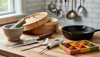 A modern kitchen countertop display of unique cooking equipment, including a mortar and pestle, fish spatula, knife, bamboo steamer, cast-iron skillet, and instant-read probe.